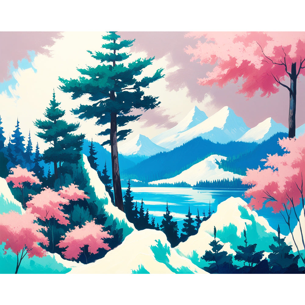 Serene Mountain Lake Paint by Numbers Kit design preview showing the full artwork layout before painting