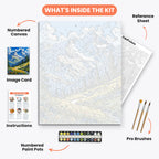 Serene Mountain Path Paint by Numbers Kit – includes numbered canvas, paint pots, brushes, and instructions