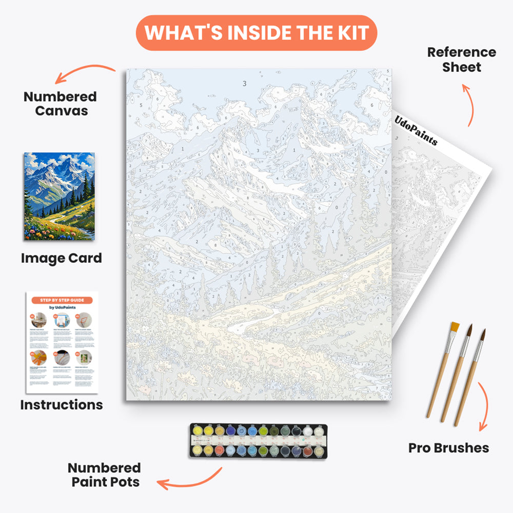 Serene Mountain Path Paint by Numbers Kit – includes numbered canvas, paint pots, brushes, and instructions