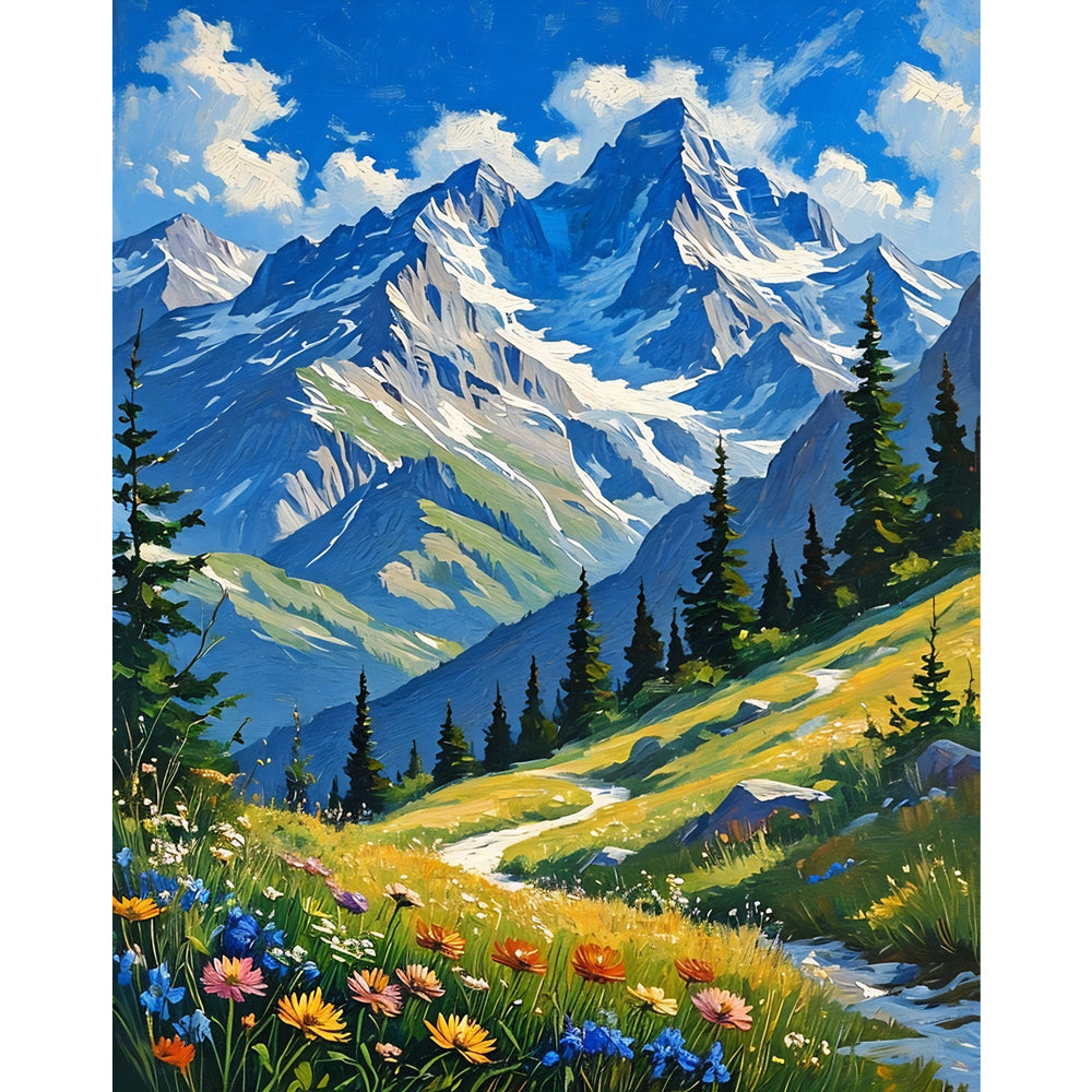 Serene Mountain Path Paint by Numbers Kit design preview showing the full artwork layout before painting