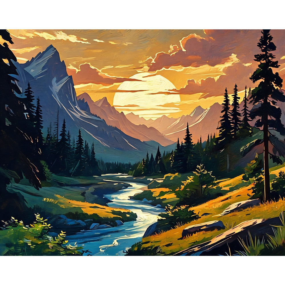 Serene Mountain Sunset Paint by Numbers Kit design preview showing the full artwork layout before painting