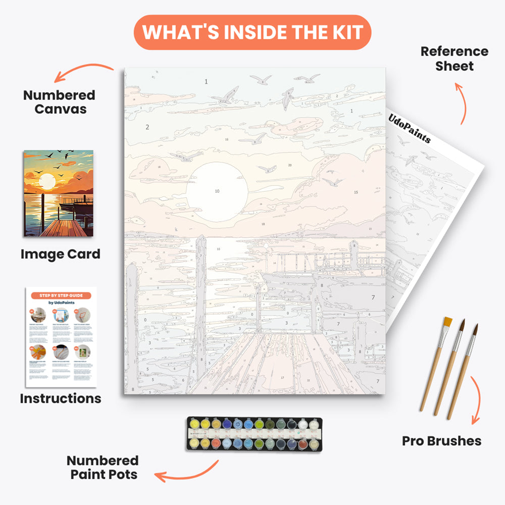 Serene Sunset Dock Paint by Numbers Kit – includes numbered canvas, paint pots, brushes, and instructions