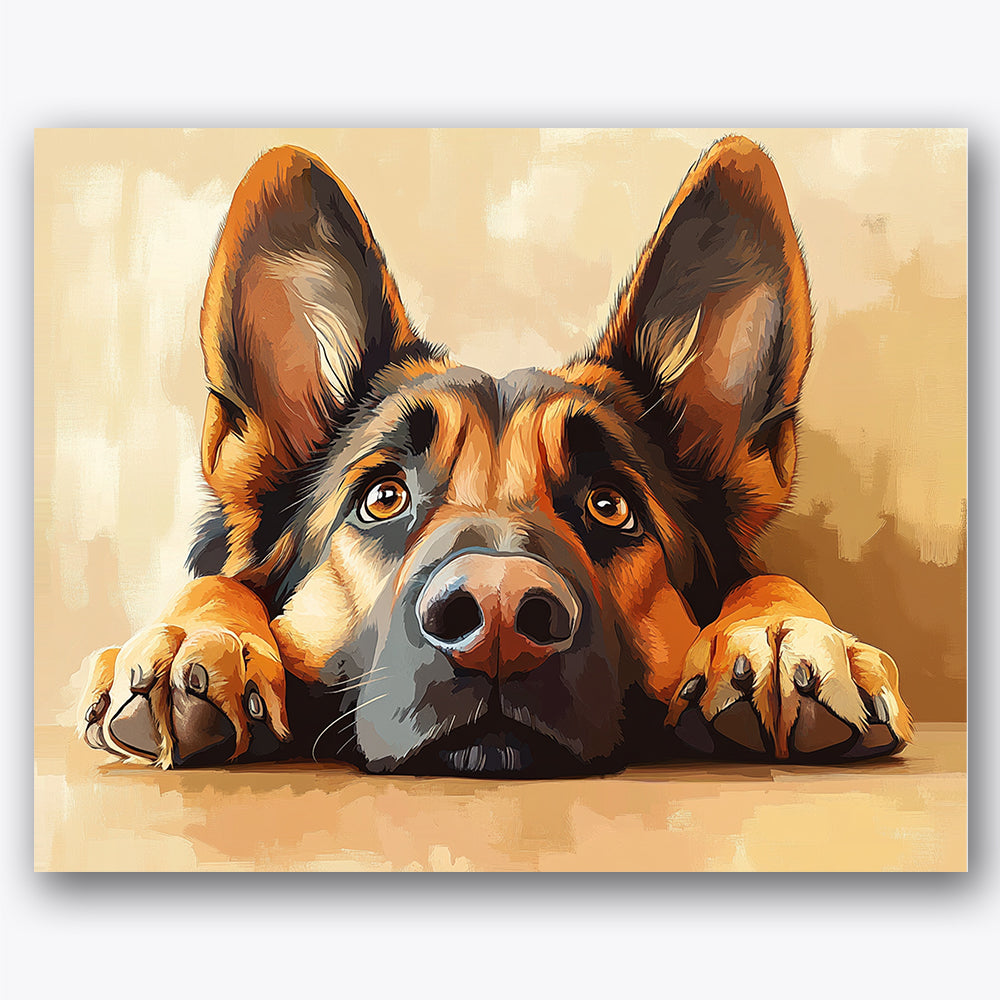 Paint by numbers design of dog, shepherd, large attentive eyes, sleek fur texture