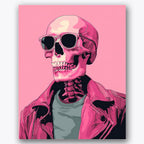 Paint by numbers design of skeleton, sunglasses, sunglasses on skull, pink leather jacket