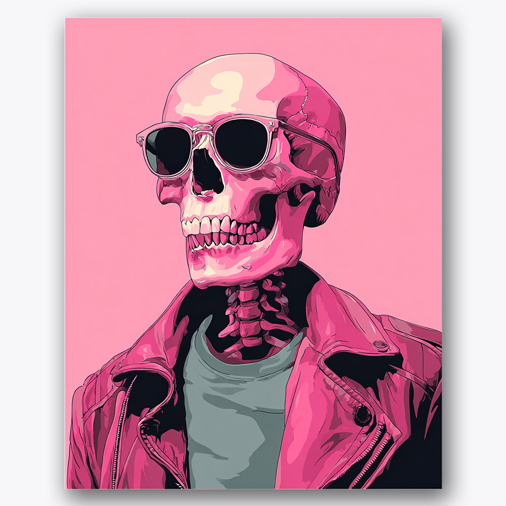 Paint by numbers design of skeleton, sunglasses, sunglasses on skull, pink leather jacket