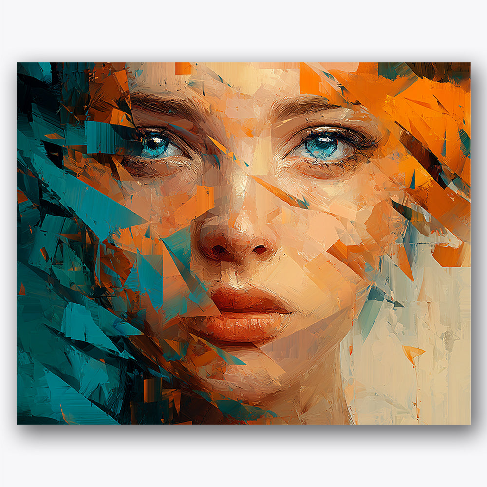 Paint by numbers design of woman's face, fragmented colors, vibrant fragmented colors, bold blue and orange