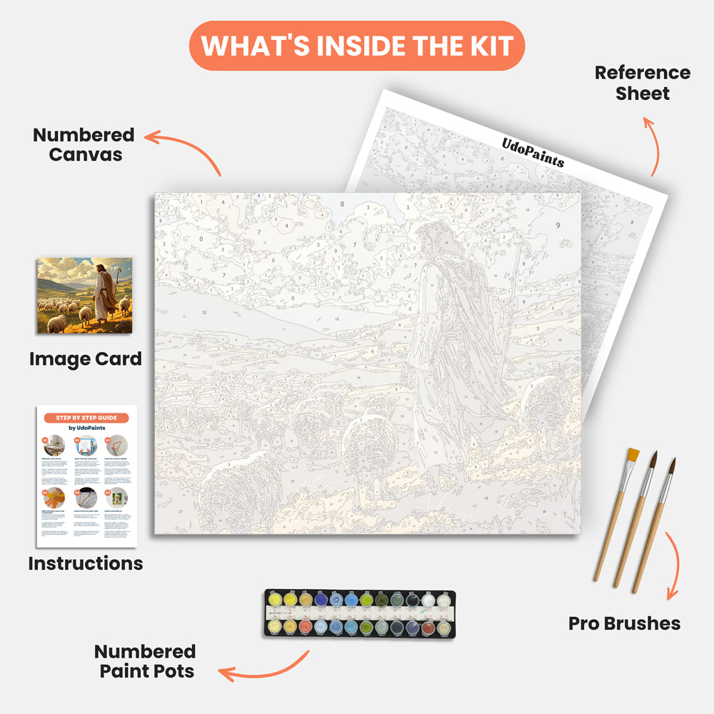 Shepherd and Flock Paint by Numbers Kit – includes numbered canvas, paint pots, brushes, and instructions