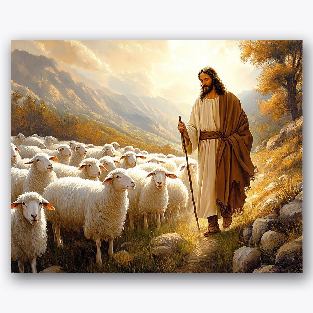 Paint by numbers design of shepherd, sheep, sunlit hills, sheep in foreground