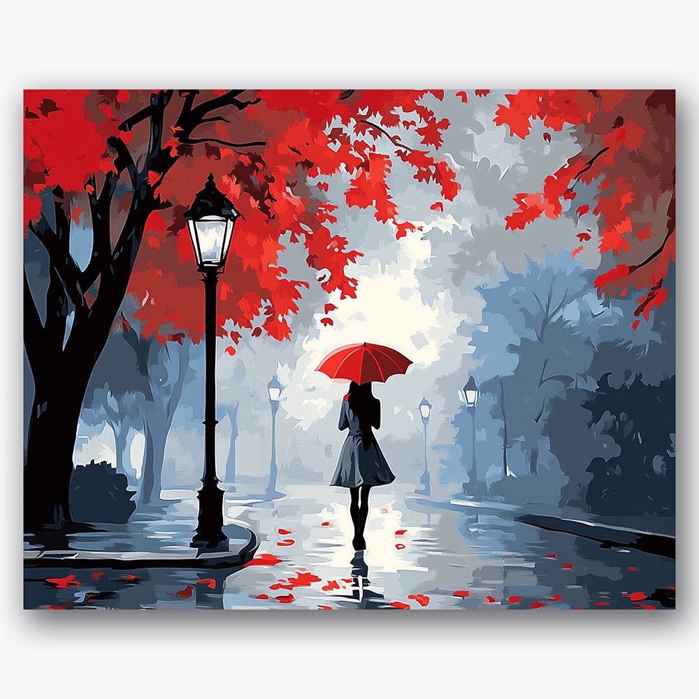Paint by numbers design of person, red umbrella, vibrant red leaves, red umbrella accent