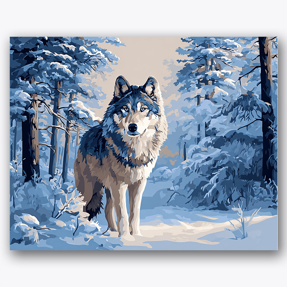 Paint by numbers design of wolf, snowy forest, lone wolf stance, snow-laden trees