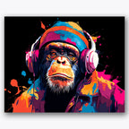 Paint by numbers design of chimpanzee, headphones, colorful beanie, vivid paint splashes