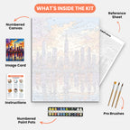 Skyscraper Sunset Paint by Numbers Kit – includes numbered canvas, paint pots, brushes, and instructions