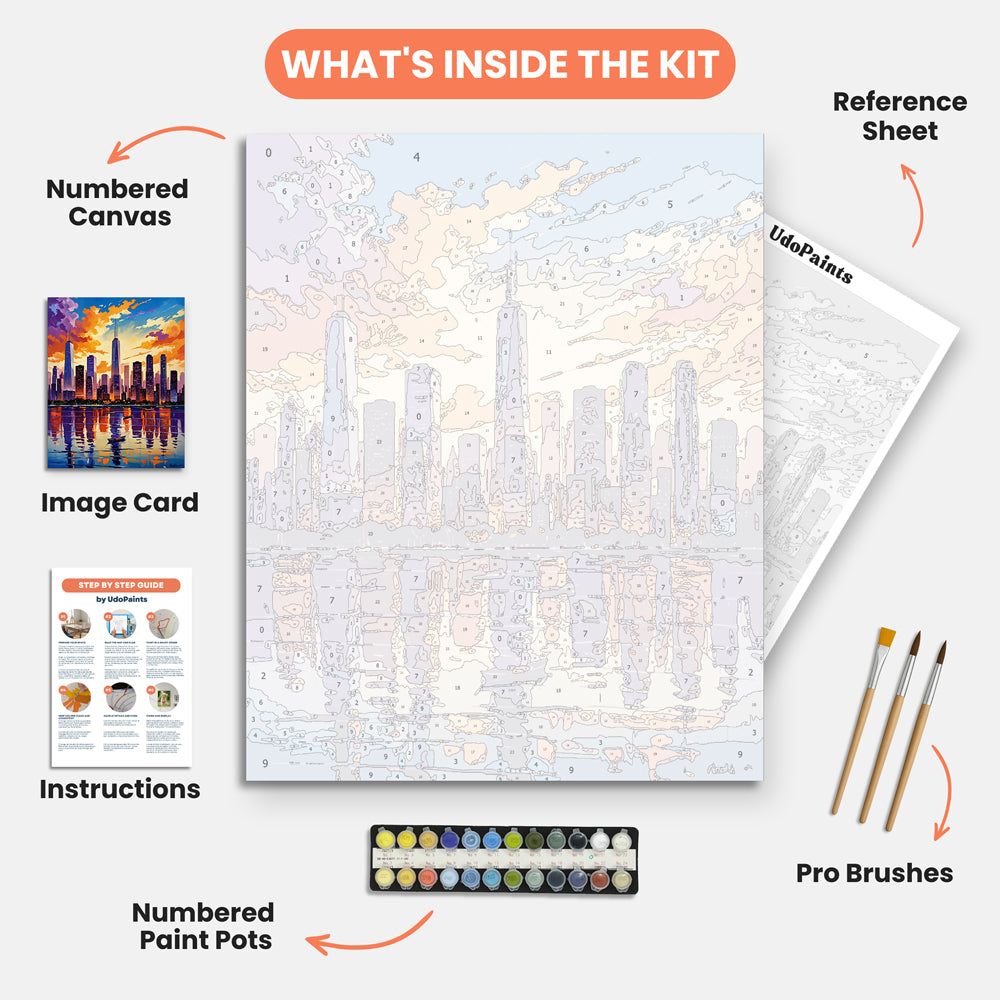 Skyscraper Sunset Paint by Numbers Kit – includes numbered canvas, paint pots, brushes, and instructions