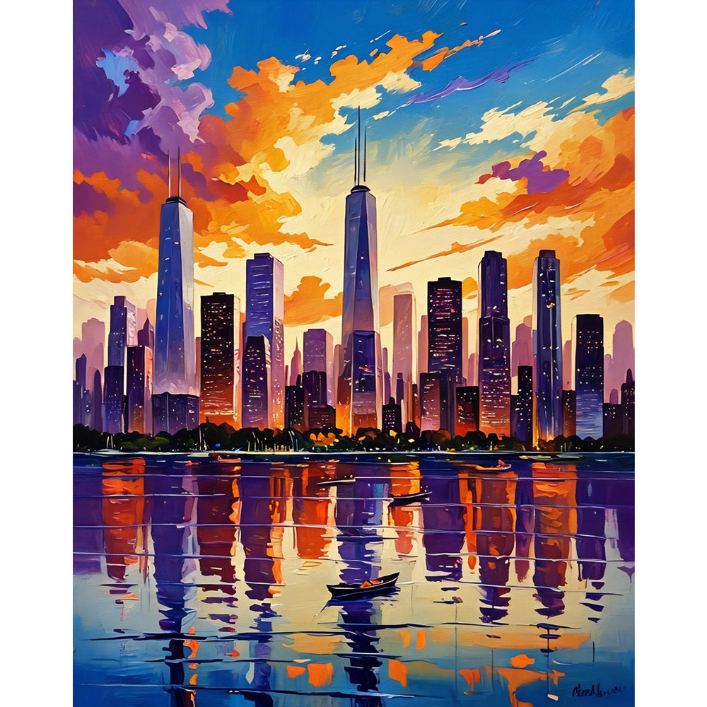 Skyscraper Sunset Paint by Numbers Kit design preview showing the full artwork layout before painting