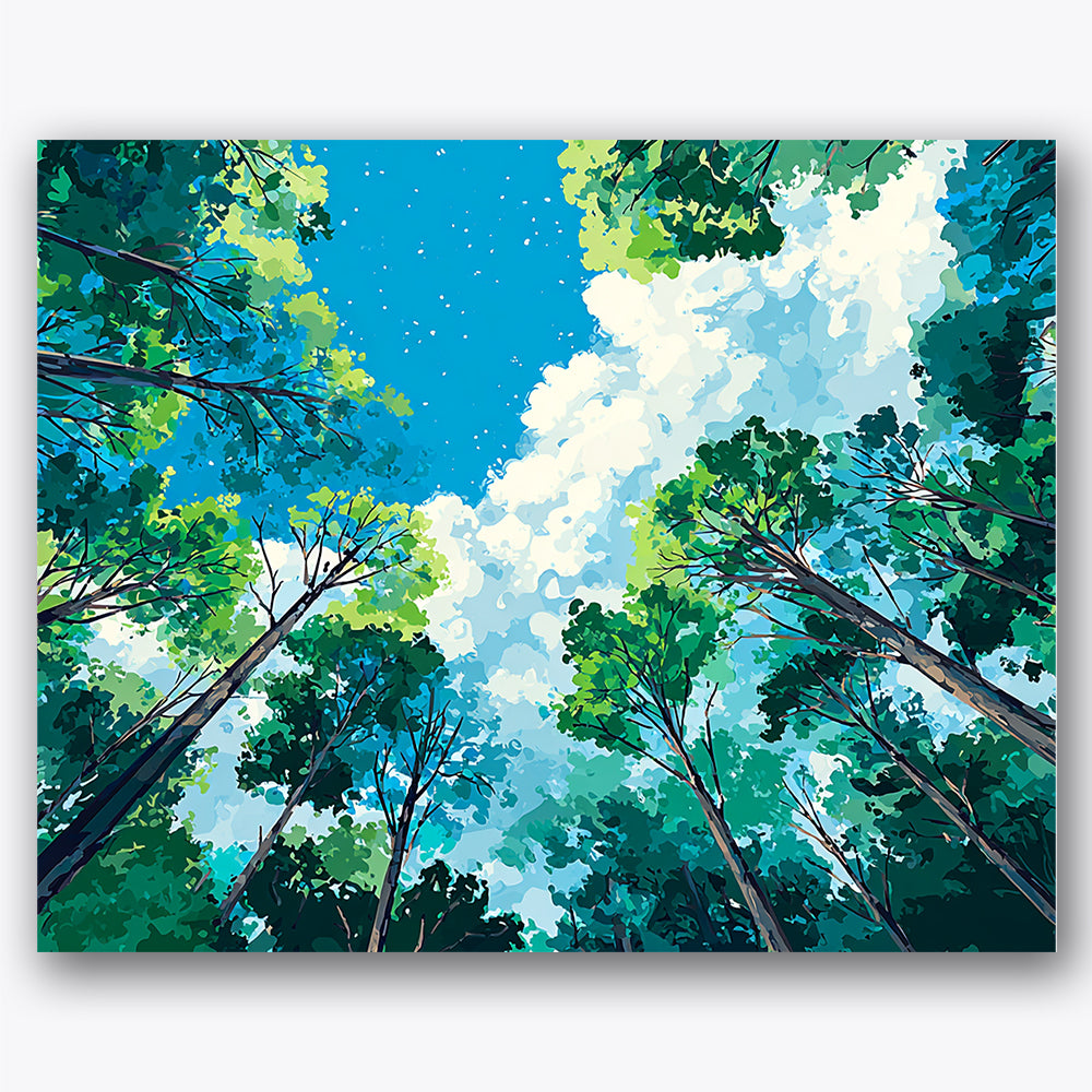 Paint by numbers design of trees, sky, tall slender trunks, thick green foliage