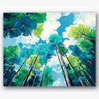 Paint by numbers design of tree canopy, blue sky, tall tree trunks, vivid blue sky