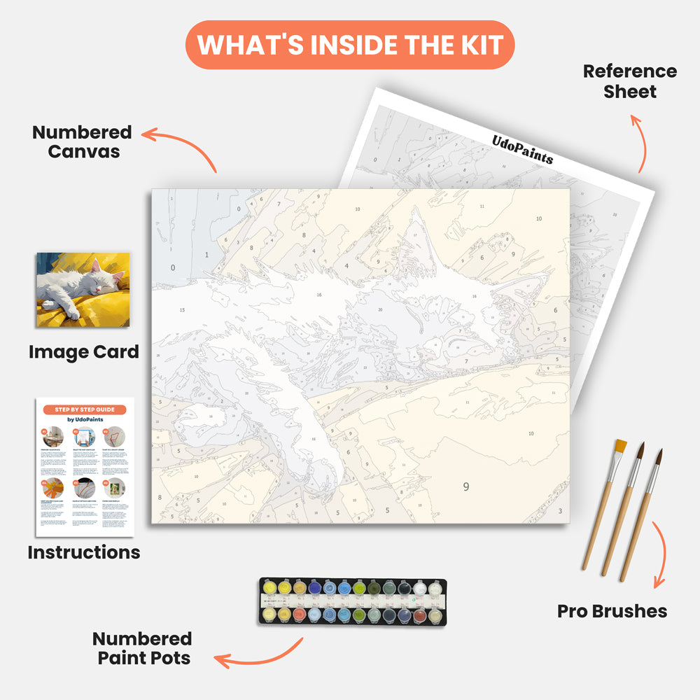 Sleepy Cat Paint by Numbers Kit – includes numbered canvas, paint pots, brushes, and instructions