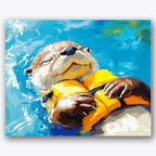 Paint by numbers design of otter, yellow life jacket, yellow life jacket, blue water ripples