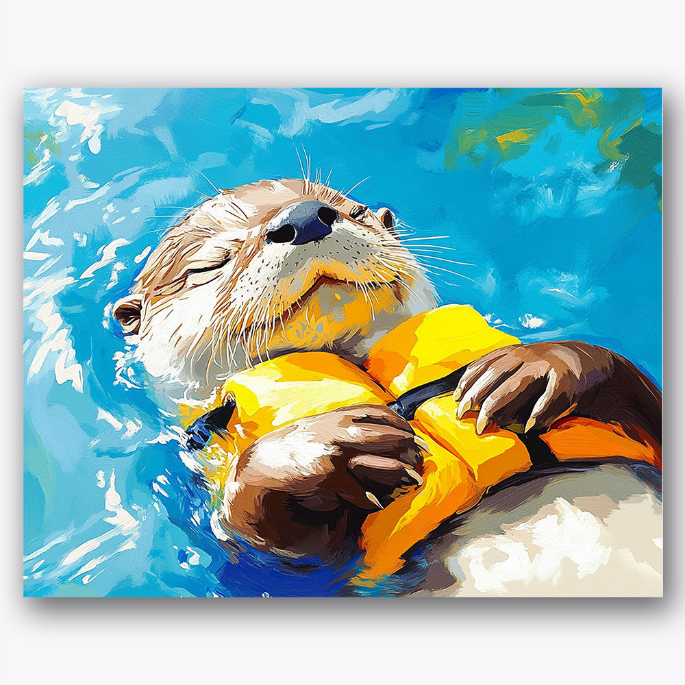Paint by numbers design of otter, yellow life jacket, yellow life jacket, blue water ripples