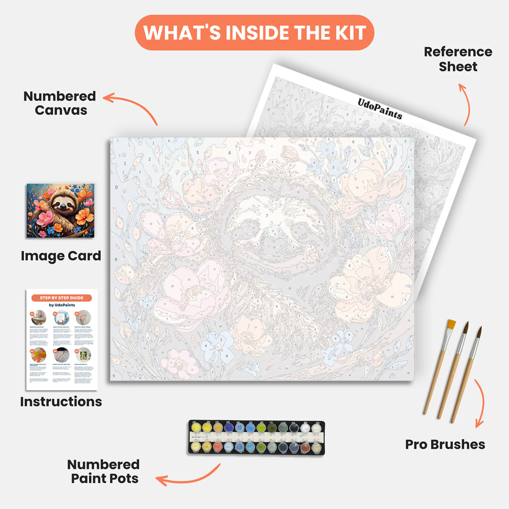 Sloth's Paradise Paint by Numbers Kit – includes numbered canvas, paint pots, brushes, and instructions