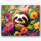 Paint by numbers design of sloth, flowers, smiling sloth face, brightly colored petals