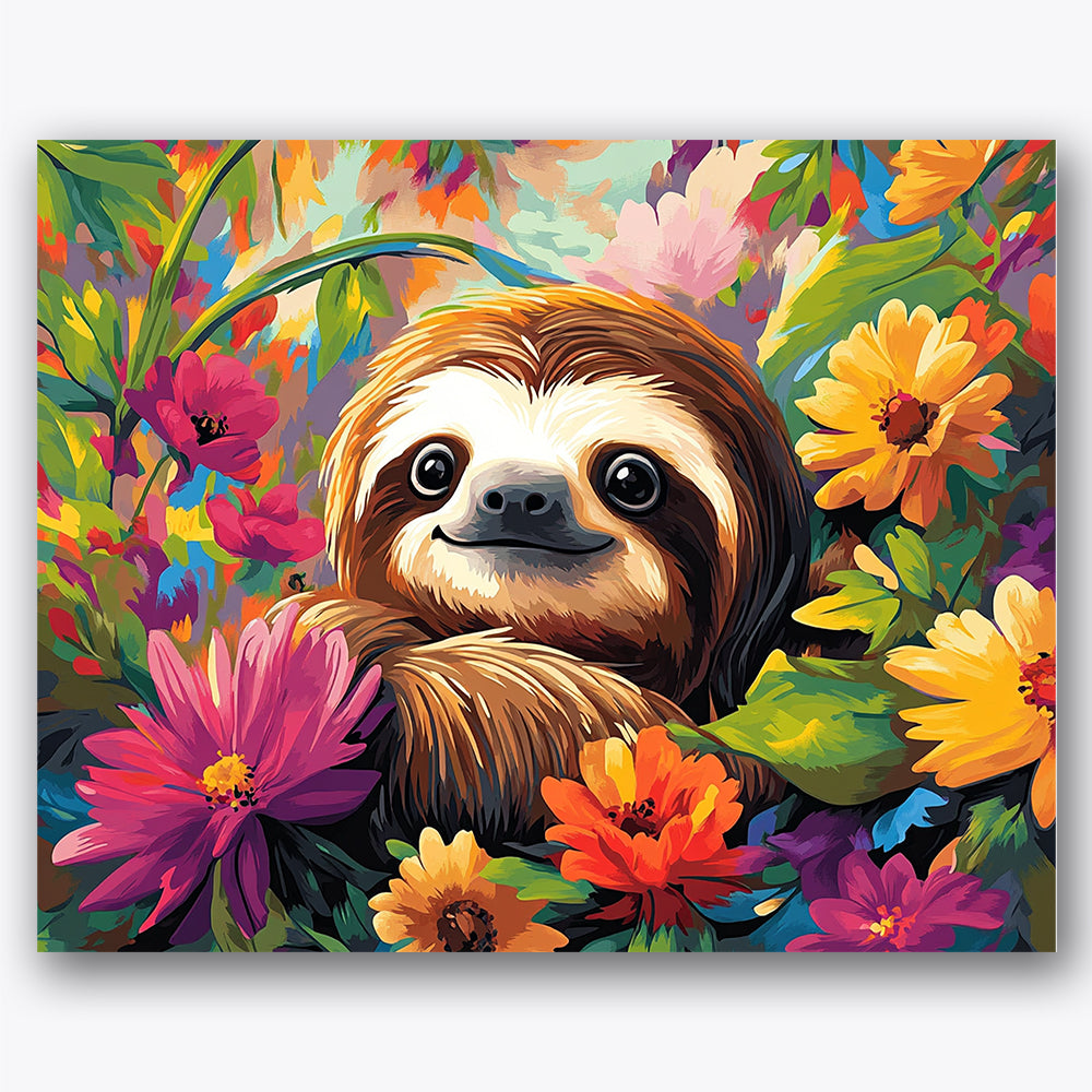 Paint by numbers design of sloth, flowers, smiling sloth face, brightly colored petals