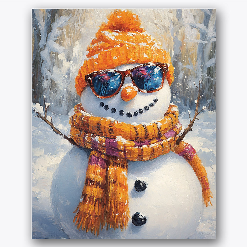 Paint by numbers design of snowman, sunglasses, vibrant orange hat, striped scarf