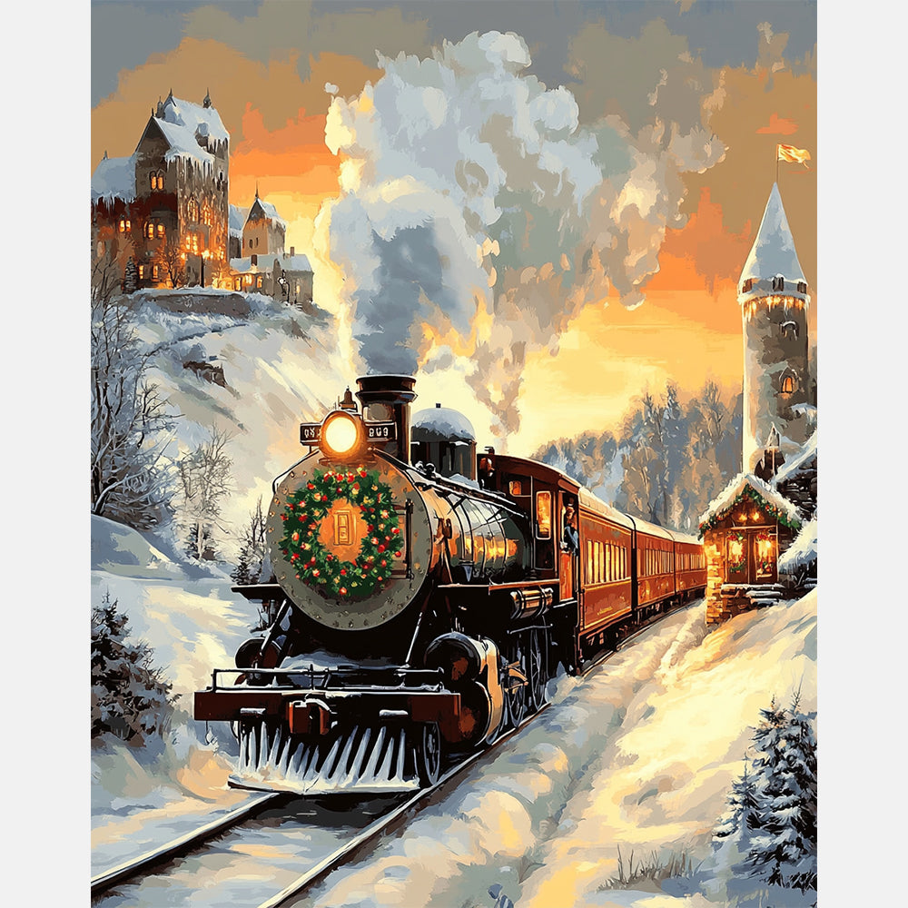 Snowbound Train Paint by Numbers Kit design preview showing the full artwork layout before painting