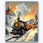 Paint by numbers design of train, snowy landscape, steam billowing, snowy village