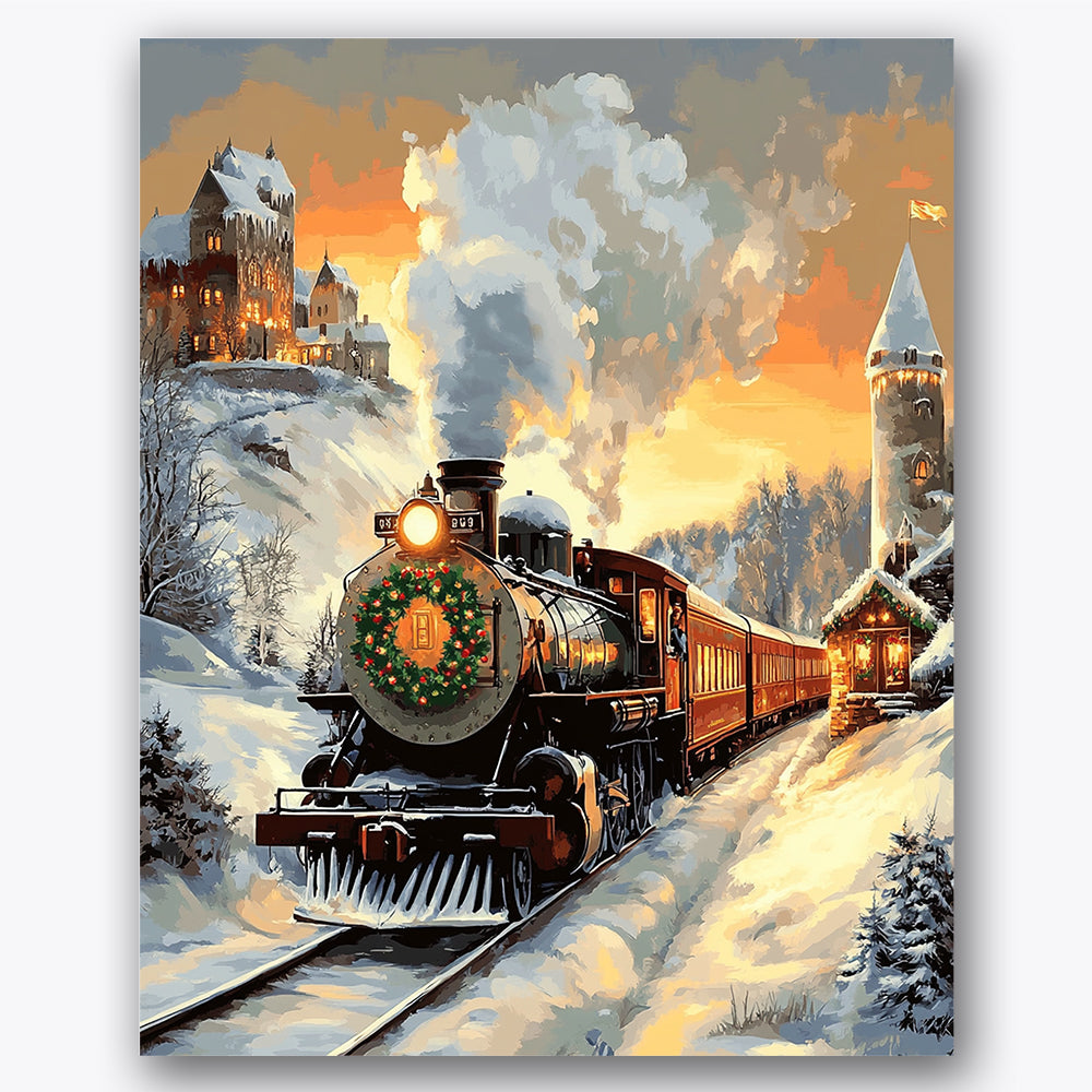 Paint by numbers design of train, snowy landscape, steam billowing, snowy village