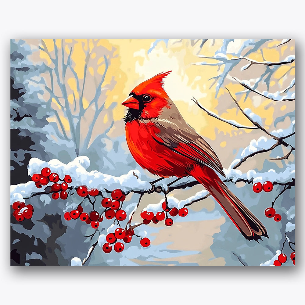 Paint by numbers design of cardinal, snowy branch, vibrant cardinal, snow-covered branch
