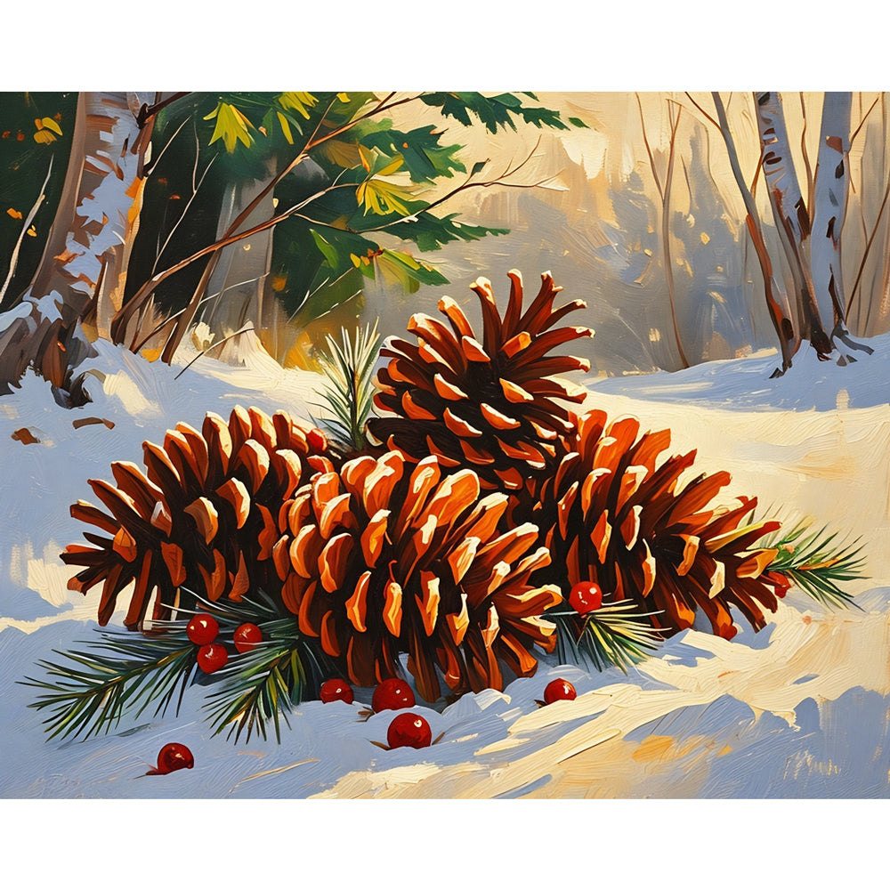 Snowy Pinecones Paint by Numbers Kit design preview showing the full artwork layout before painting
