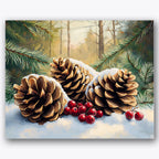 Paint by numbers design of pinecones, red berries, snow-dusted pinecones, red winter berries
