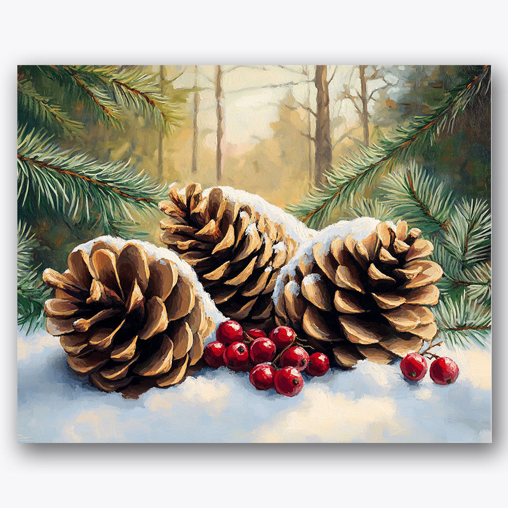 Paint by numbers design of pinecones, red berries, snow-dusted pinecones, red winter berries