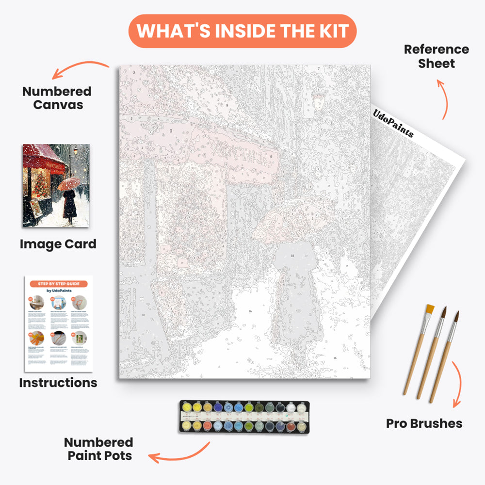 Snowy Street Scene Paint by Numbers Kit – includes numbered canvas, paint pots, brushes, and instructions