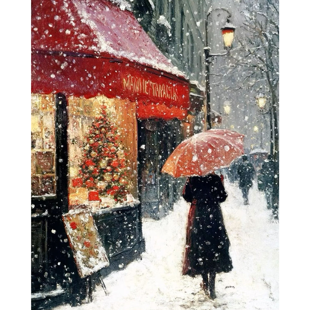 Snowy Street Scene Paint by Numbers Kit design preview showing the full artwork layout before painting