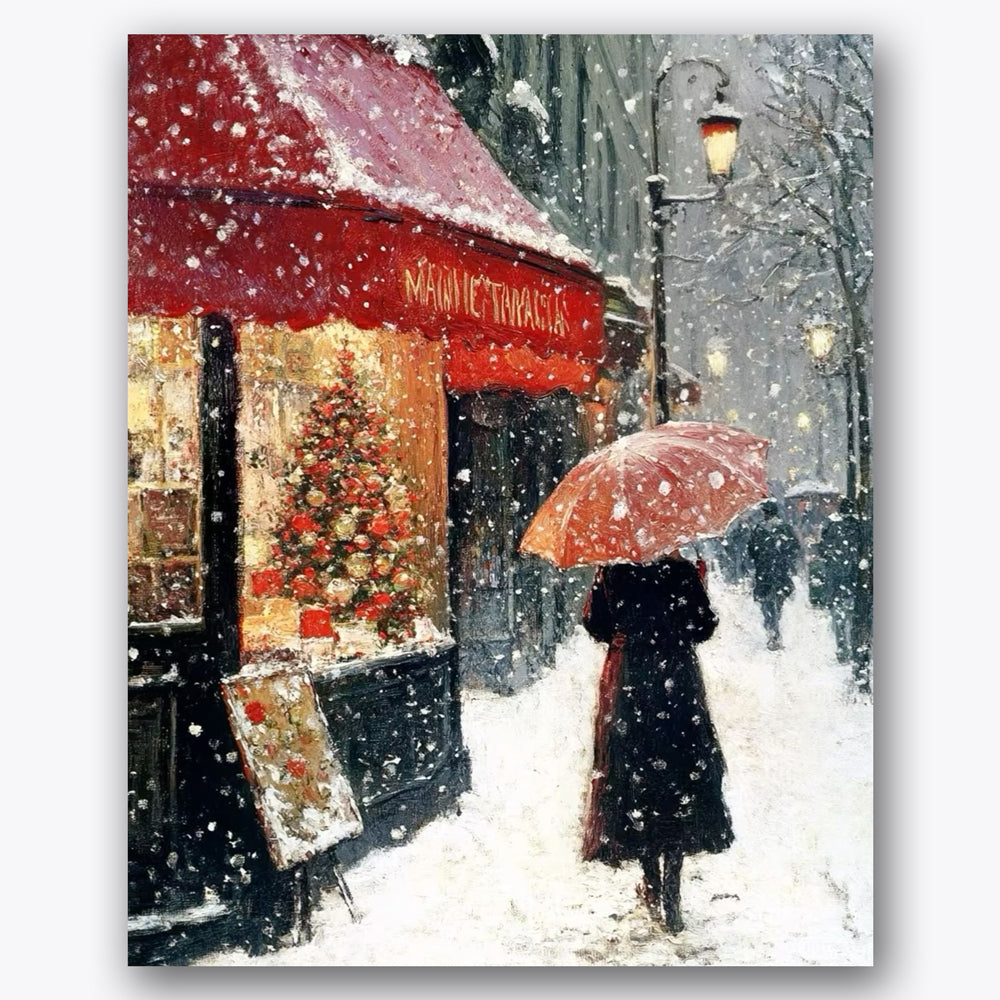 Woman with red umbrella on snowy city street. Snowy Street Scene Paint by Numbers Kit by UdoPaints