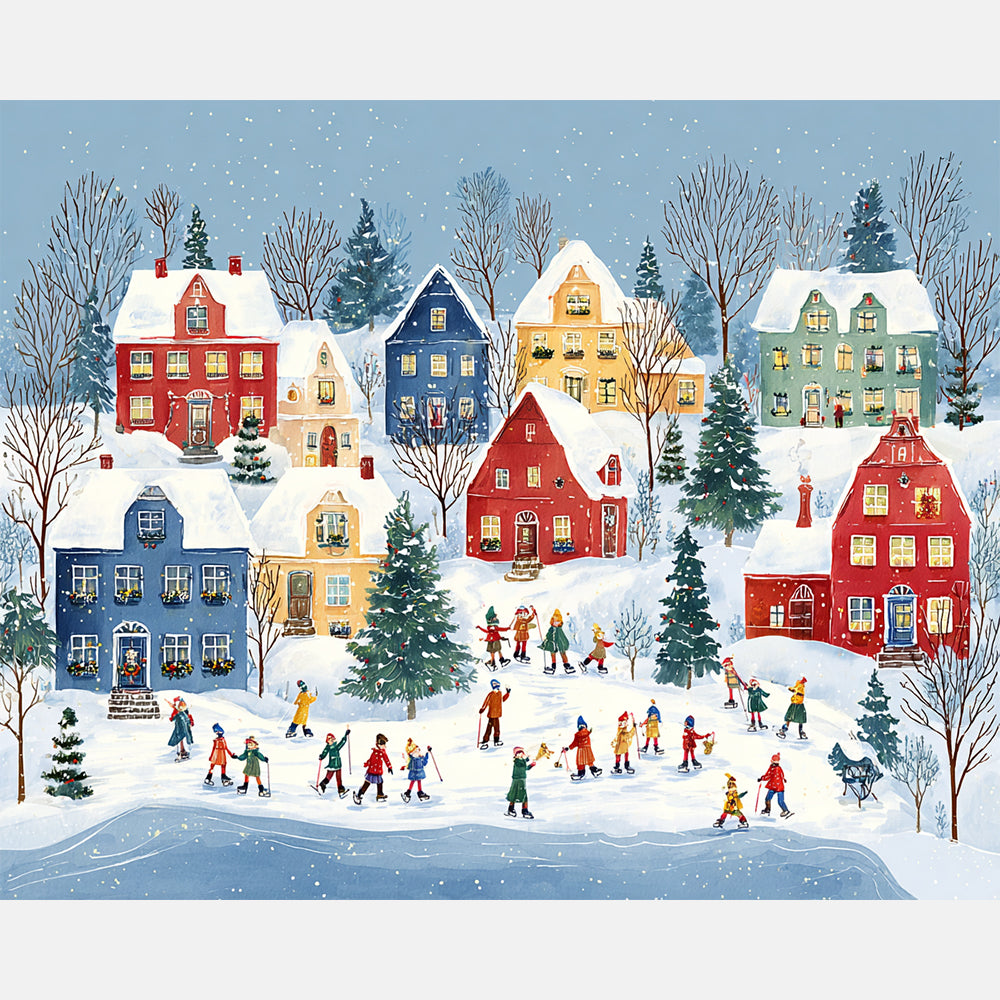 Snowy Village Paint by Numbers Kit design preview showing the full artwork layout before painting