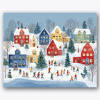 Paint by numbers design of village, ice skaters, colorful houses, ice skaters