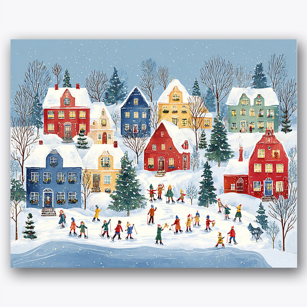 Paint by numbers design of village, ice skaters, colorful houses, ice skaters