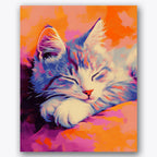 Paint by numbers design of sleeping cat, colorful background, fluffy whiskers, vibrant orange hues
