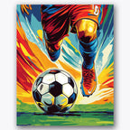 Paint by numbers design of soccer player, soccer ball, dynamic leg movement, energetic color splashes