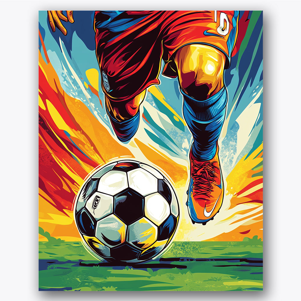 Paint by numbers design of soccer player, soccer ball, dynamic leg movement, energetic color splashes