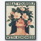 Paint by numbers design of woman, flowers, flowers over eyes, bold capital text, A woman with blossoms covering her eyes