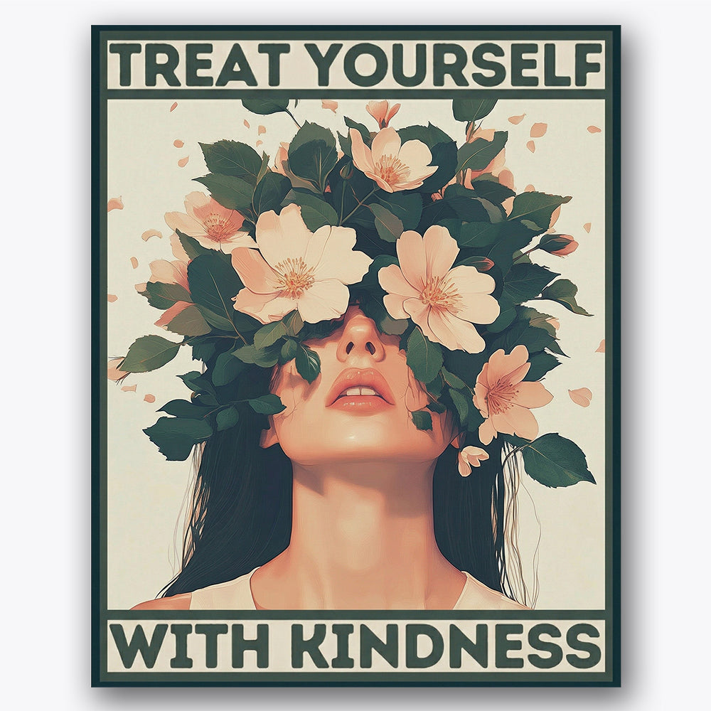 Paint by numbers design of woman, flowers, flowers over eyes, bold capital text, A woman with blossoms covering her eyes