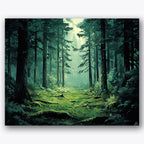 Paint by numbers design of forest, mist, tall trees, mossy forest floor, A forest with towering pines and a lush