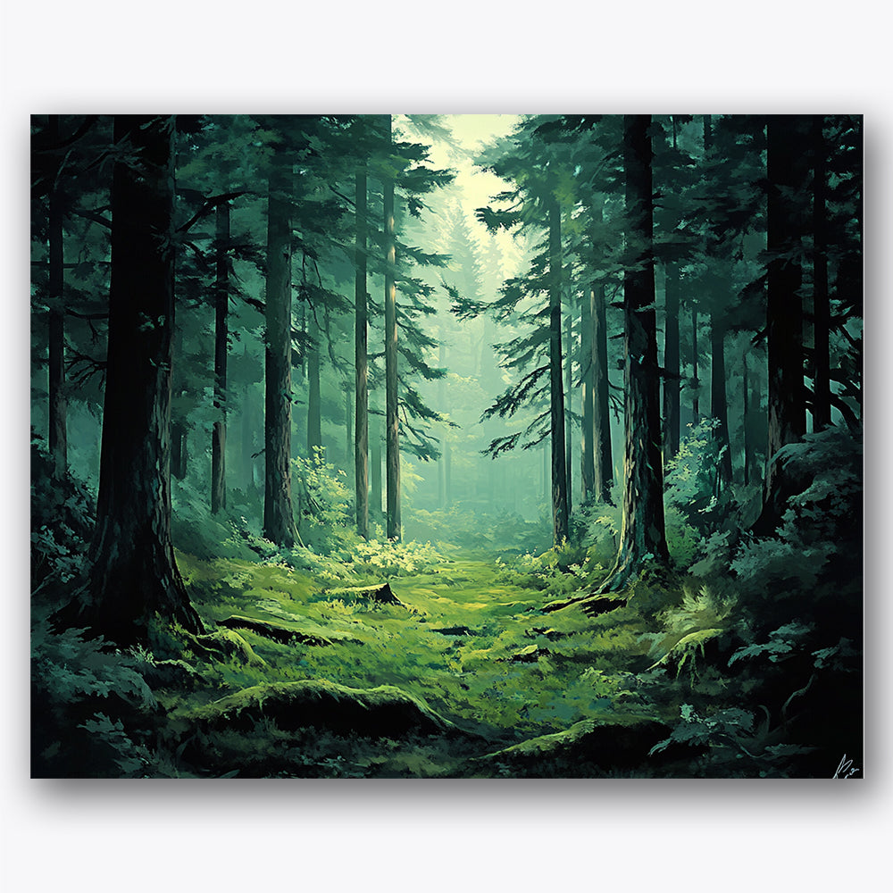 Paint by numbers design of forest, mist, tall trees, mossy forest floor, A forest with towering pines and a lush