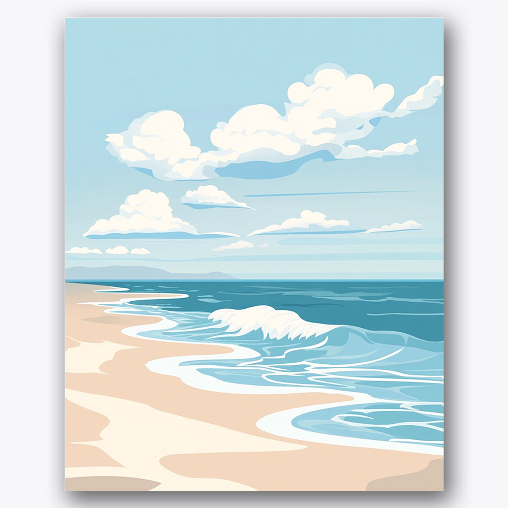 Paint by numbers design of waves, clouds, gentle rolling waves, fluffy white clouds