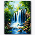 Paint by numbers design of waterfall, lush greenery, cascading waterfall, lush green foliage