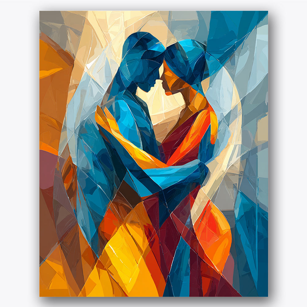 Paint by numbers design of abstract figures, colorful patterns, intertwined silhouettes, vivid color palette
